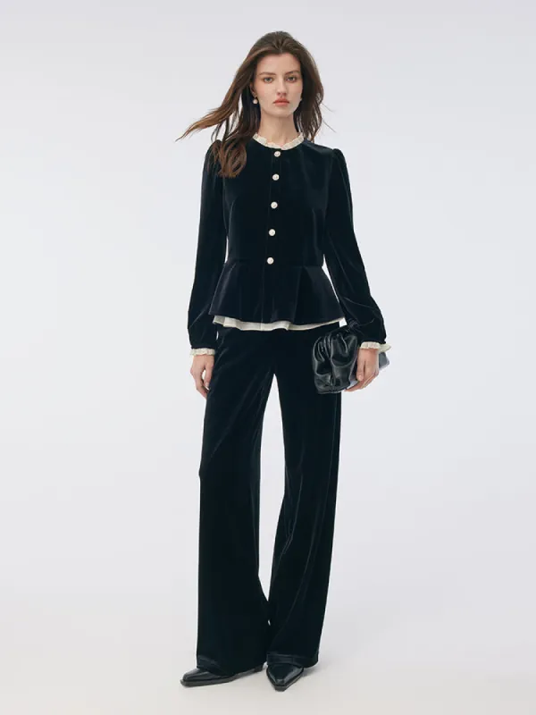 Velvet Ruffle Hem Jacket And Pants Two-Piece Set sold by Goelia