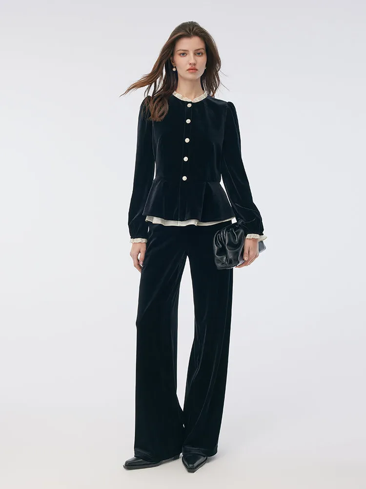 Velvet Ruffle Hem Jacket And Pants Two-Piece Set sold by Goelia