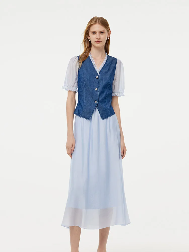 Denim Lyocell Patchwork Crop Jacket And Skirt Two-Piece Set sold by Goelia