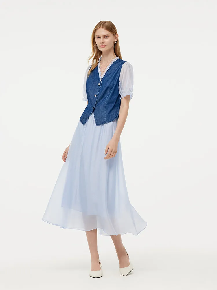 Denim Lyocell Patchwork Crop Jacket And Skirt Two-Piece Set sold by Goelia product image thumbnail 2