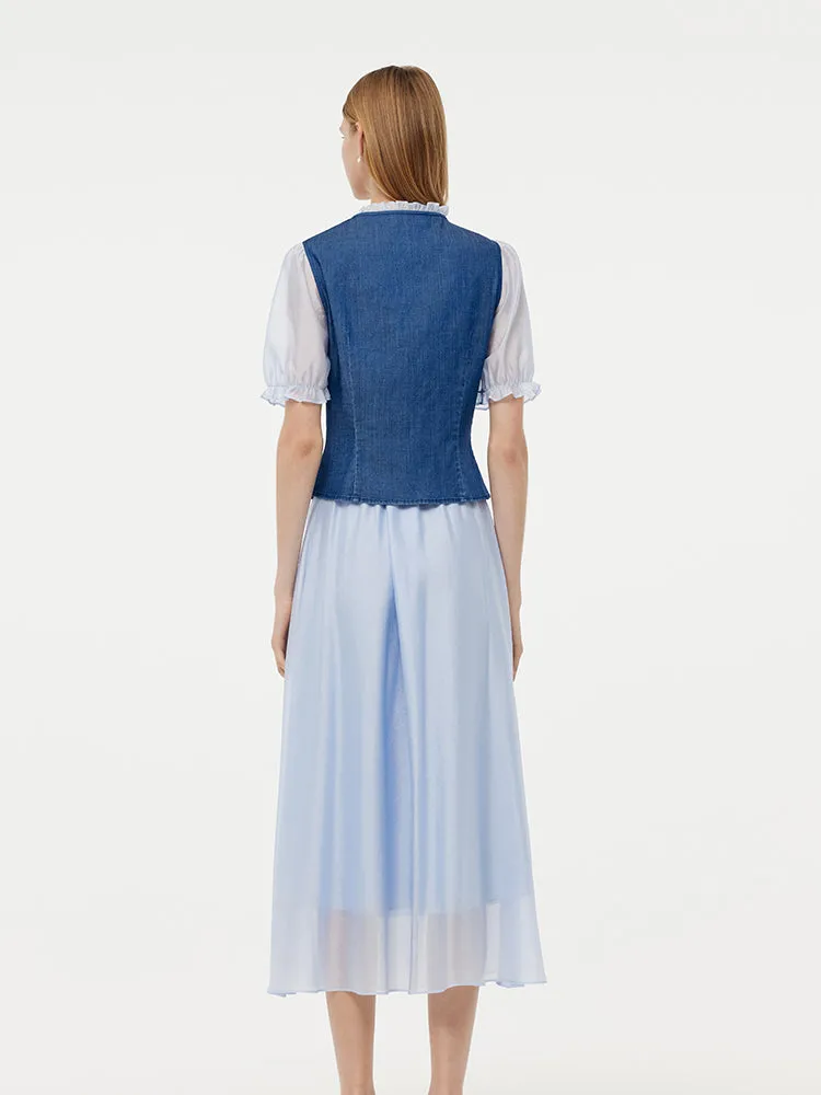 Denim Lyocell Patchwork Crop Jacket And Skirt Two-Piece Set sold by Goelia product image thumbnail 3