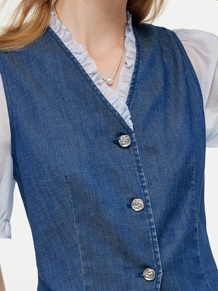 Denim Lyocell Patchwork Crop Jacket And Skirt Two-Piece Set sold by Goelia product image thumbnail 5