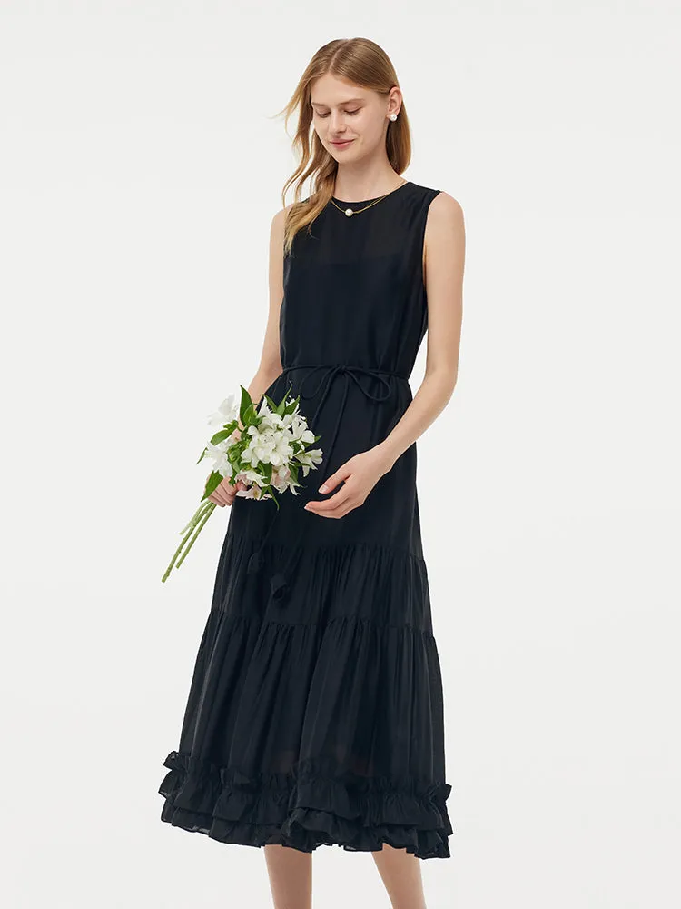 Tencel Ruffle Hem Women Tiered Vest Midi Dress With Slip Dress And Belt sold by Goelia product image thumbnail 5