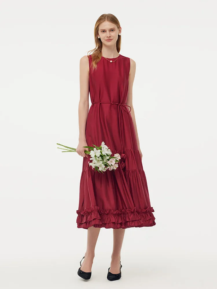 Tencel Ruffle Hem Women Tiered Vest Midi Dress With Slip Dress And Belt sold by Goelia