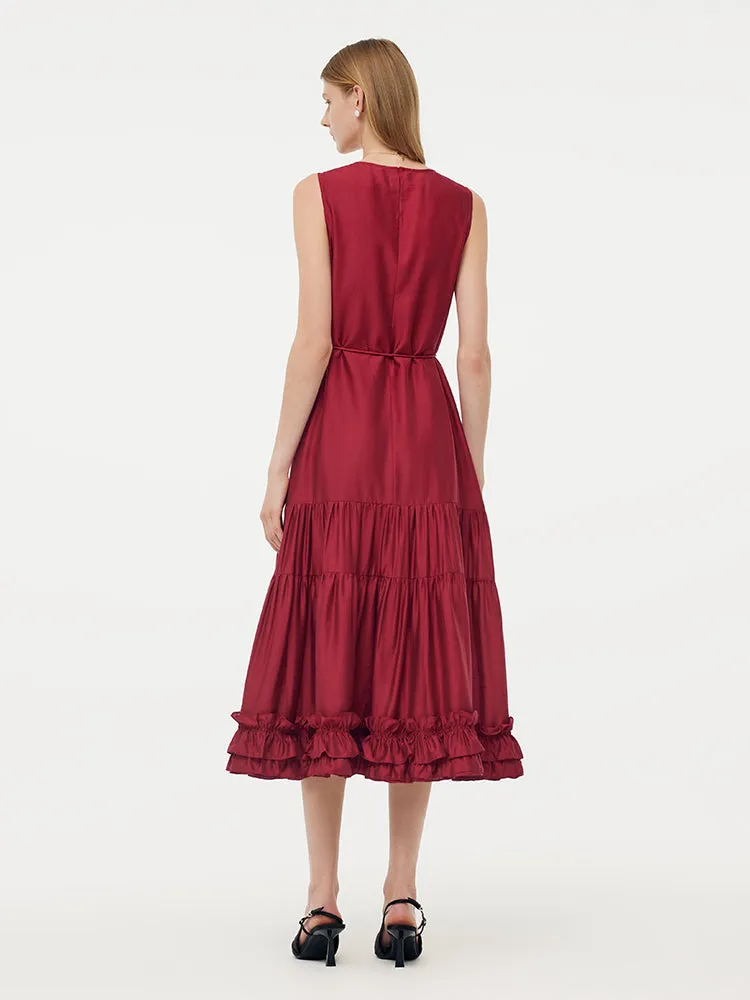 Tencel Ruffle Hem Women Tiered Vest Midi Dress With Slip Dress And Belt sold by Goelia product image thumbnail 4