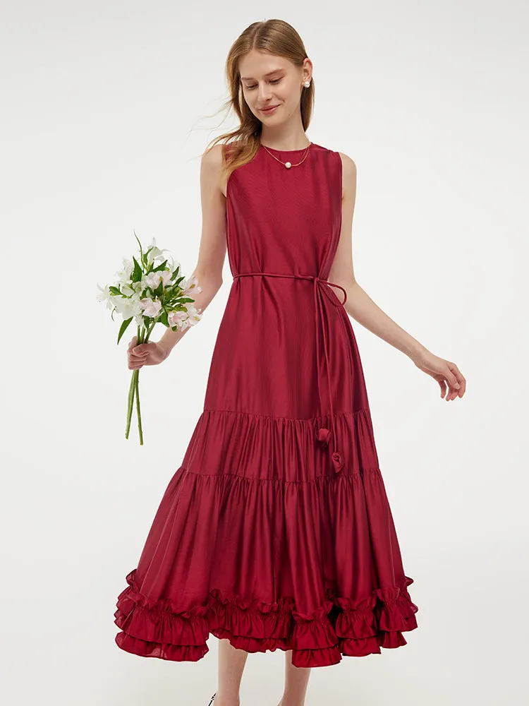 Tencel Ruffle Hem Women Tiered Vest Midi Dress With Slip Dress And Belt sold by Goelia product image thumbnail 3