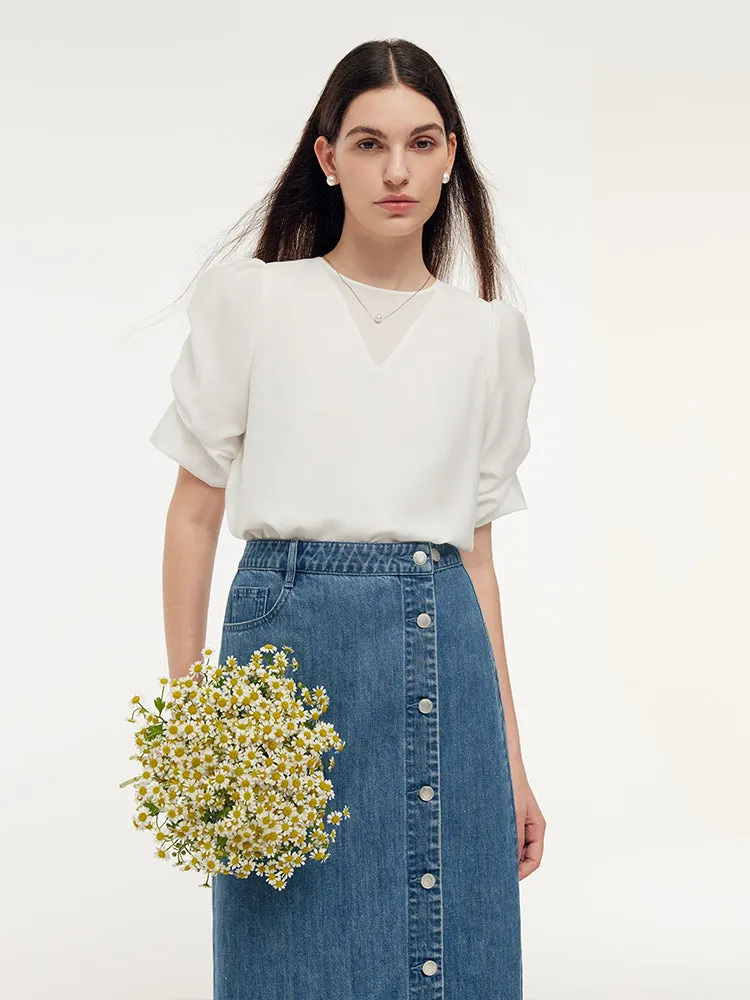 Acetate Ruched Puff Sleeve Women T-Shirt sold by Goelia