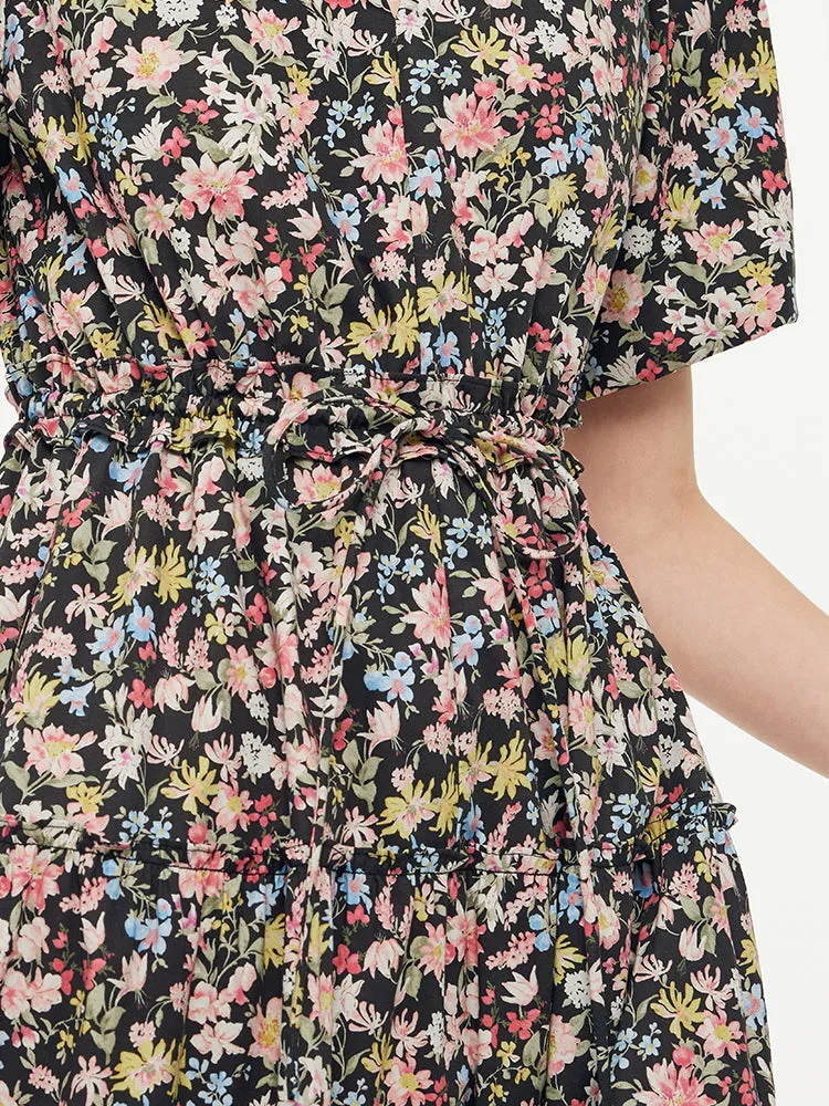 Cotton Puff Sleeve Drawstring Waist Floral Print Women Midi Dress sold by Goelia product image thumbnail 5