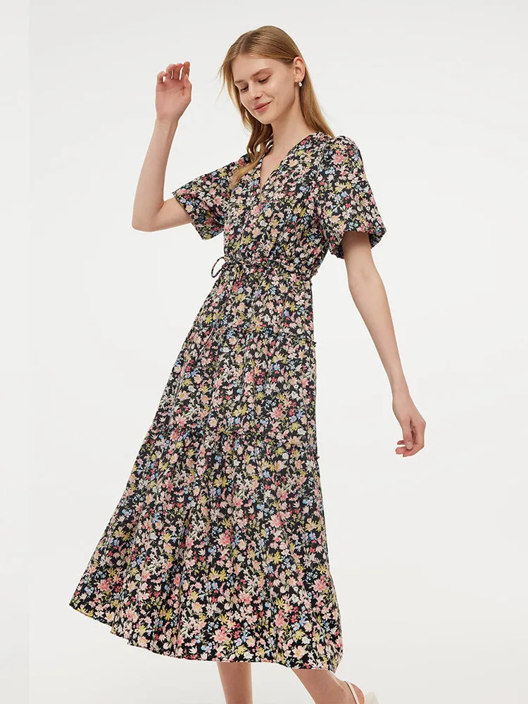 Cotton Puff Sleeve Drawstring Waist Floral Print Women Midi Dress sold by Goelia product image thumbnail 4