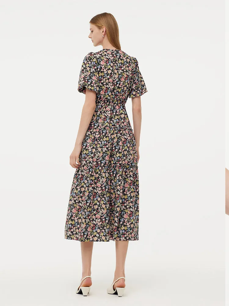 Cotton Puff Sleeve Drawstring Waist Floral Print Women Midi Dress sold by Goelia product image thumbnail 3