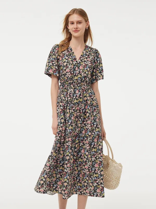 Cotton Puff Sleeve Drawstring Waist Floral Print Women Midi Dress sold by Goelia