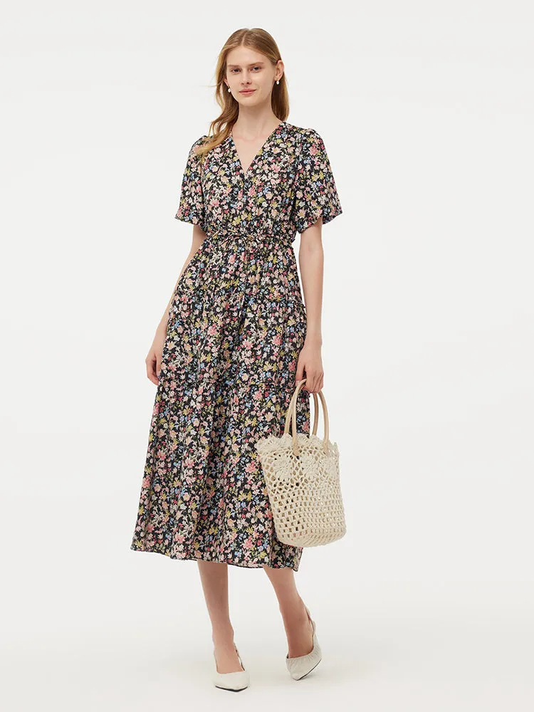 Cotton Puff Sleeve Drawstring Waist Floral Print Women Midi Dress sold by Goelia product image thumbnail 2