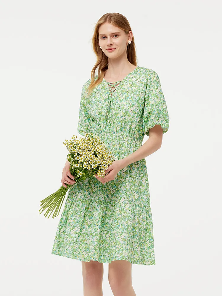 Cotton Floral Print Drawstring Front Women Mini Dress With Hairband sold by Goelia