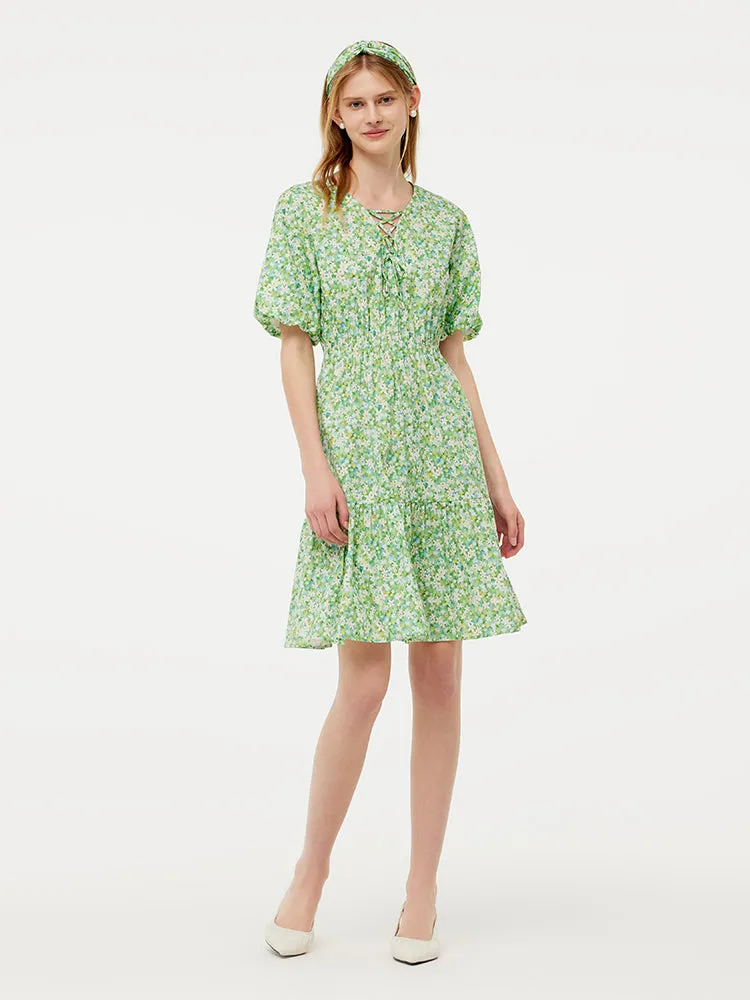 Cotton Floral Print Drawstring Front Women Mini Dress With Hairband sold by Goelia product image thumbnail 2