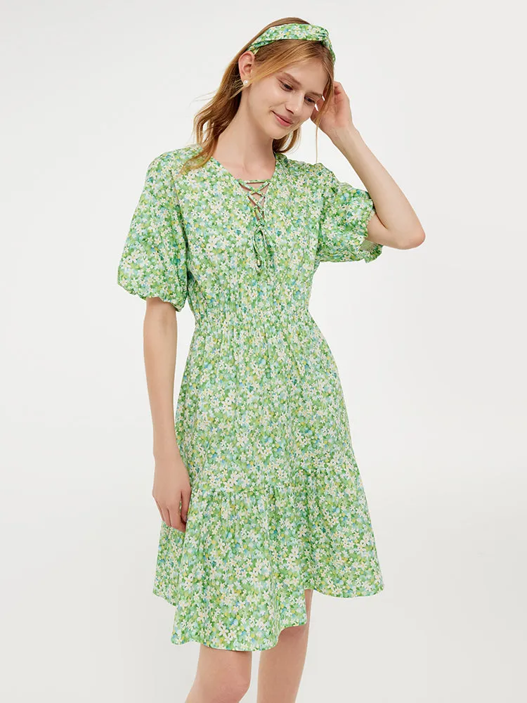 Cotton Floral Print Drawstring Front Women Mini Dress With Hairband sold by Goelia product image thumbnail 4