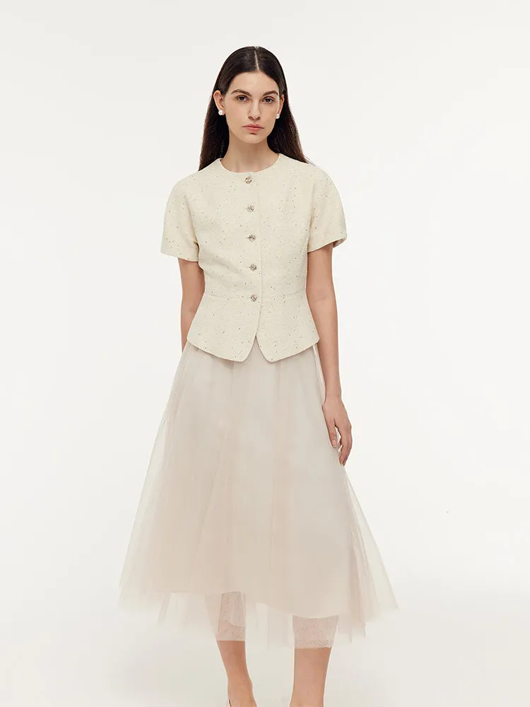 Tweed Sequins Short Sleeve Jacket And Mesh Skirt Two-Piece Set sold by Goelia