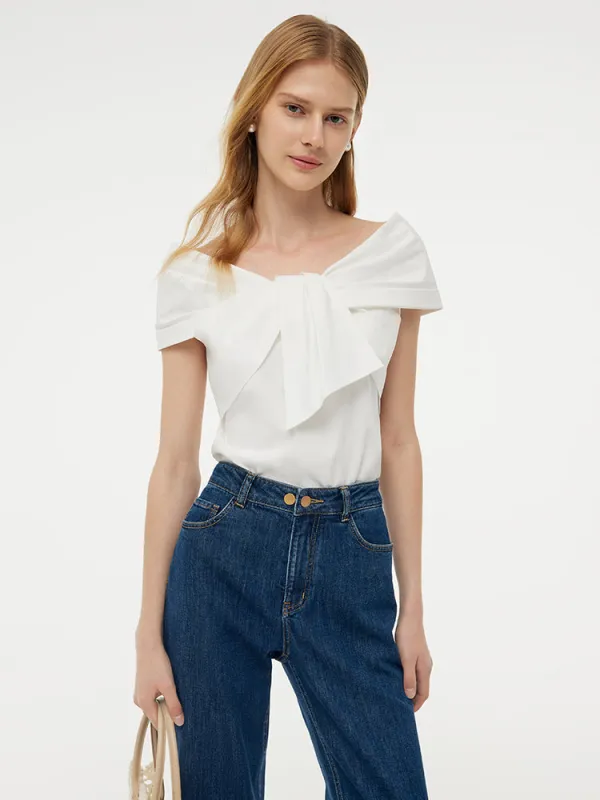 100% Cotton Stretch Off Shoulder Women Bow Top sold by Goelia