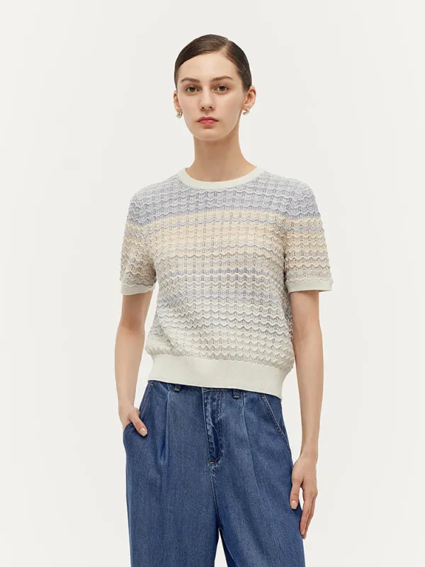 Blue And White Gradient Stripe Women Knit Top sold by Goelia