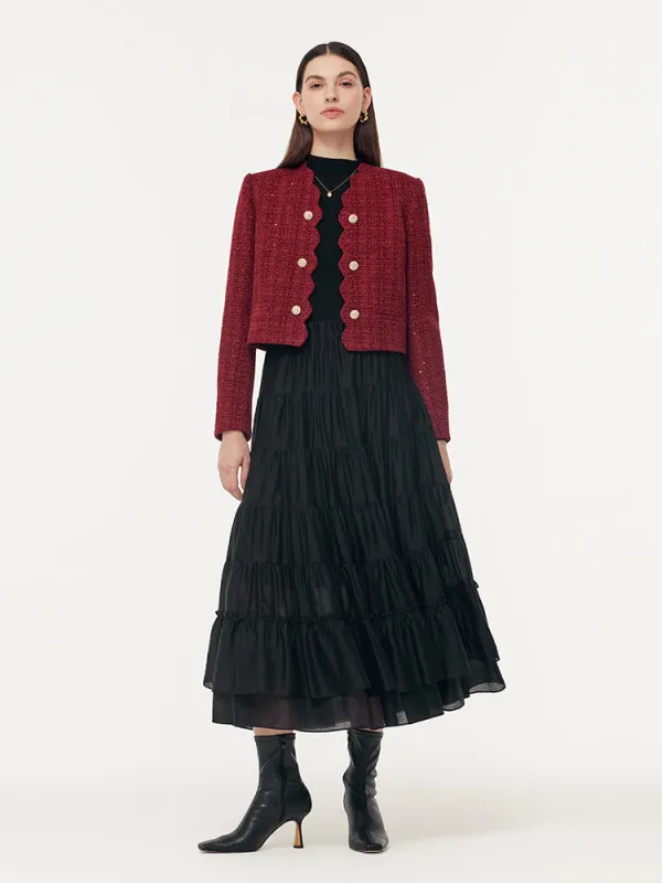 Tweed Sequins Crop Jacket And Tiered Skirt Two-Piece Set sold by Goelia