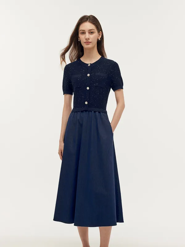 Denim Patchwork Sequins Gathered Waist Women Midi Dress made by Goelia