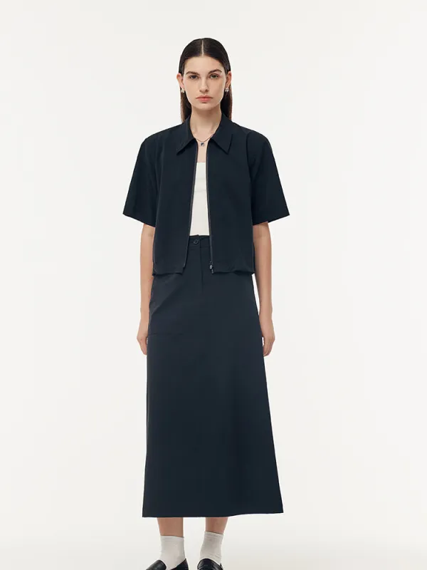 Short Sleeve Zip-Up Jacket And Adjustable Waist Skirt Two-Piece Set sold by Goelia
