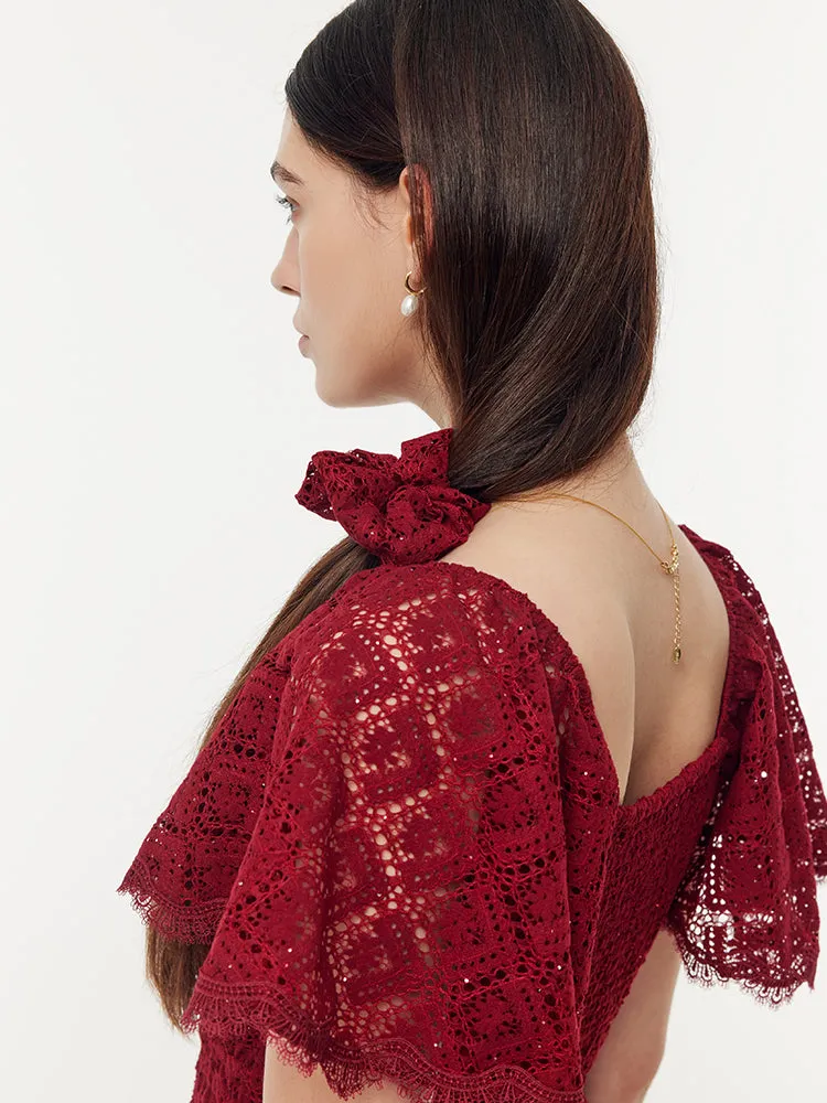 Lace Openwork Gathered Waist Women Tiered Maxi Dress With Scrunchie sold by Goelia product image thumbnail 4