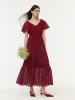 Lace Openwork Gathered Waist Women Tiered Maxi Dress With Scrunchie sold by Goelia