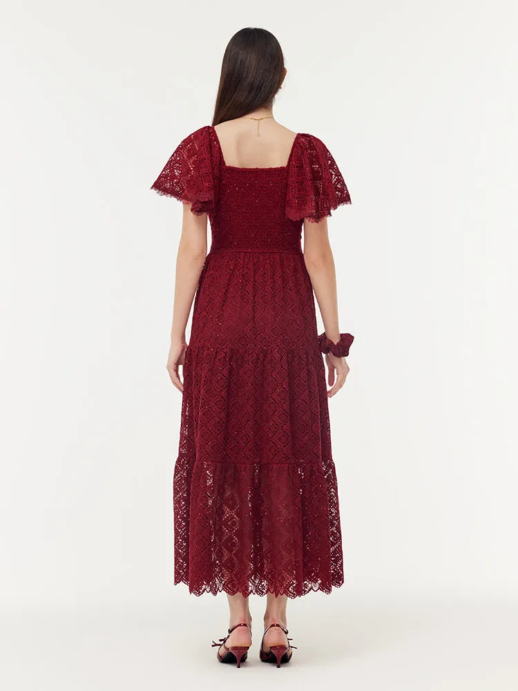 Lace Openwork Gathered Waist Women Tiered Maxi Dress With Scrunchie sold by Goelia product image thumbnail 3