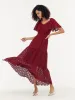 Lace Openwork Gathered Waist Women Tiered Maxi Dress With Scrunchie sold by Goelia