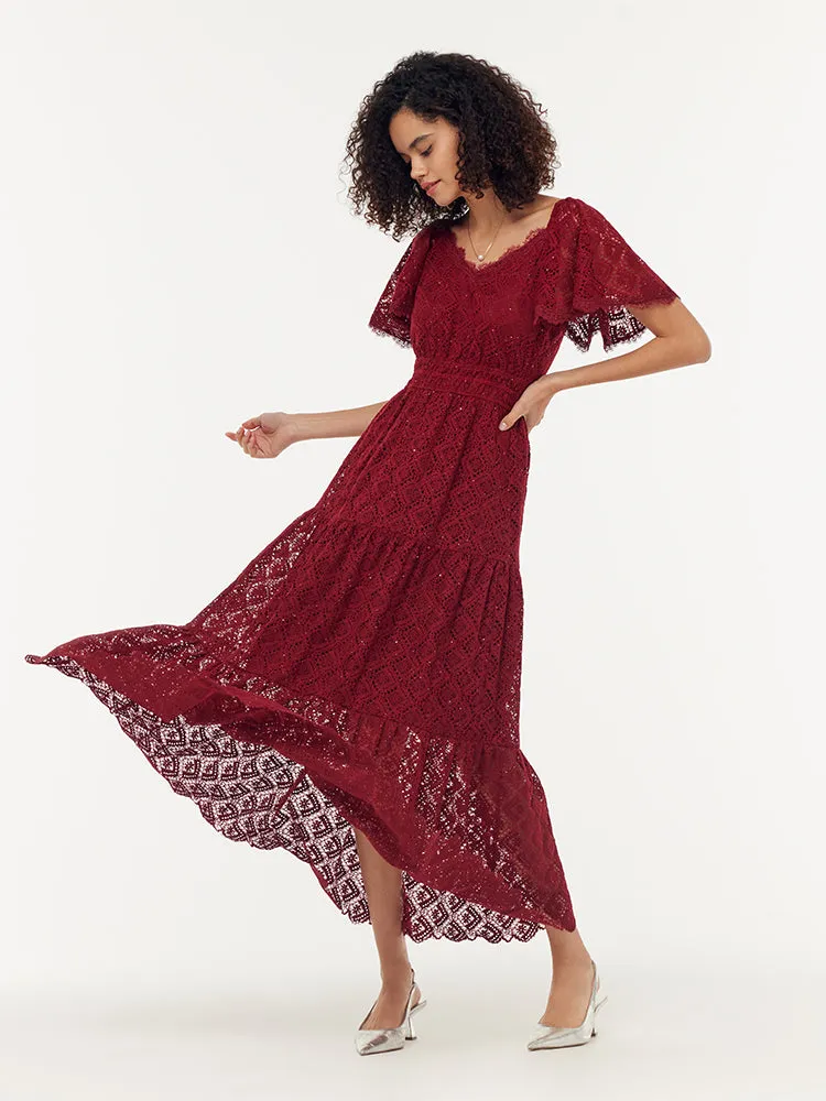 Lace Openwork Gathered Waist Women Tiered Maxi Dress With Scrunchie sold by Goelia product image thumbnail 5