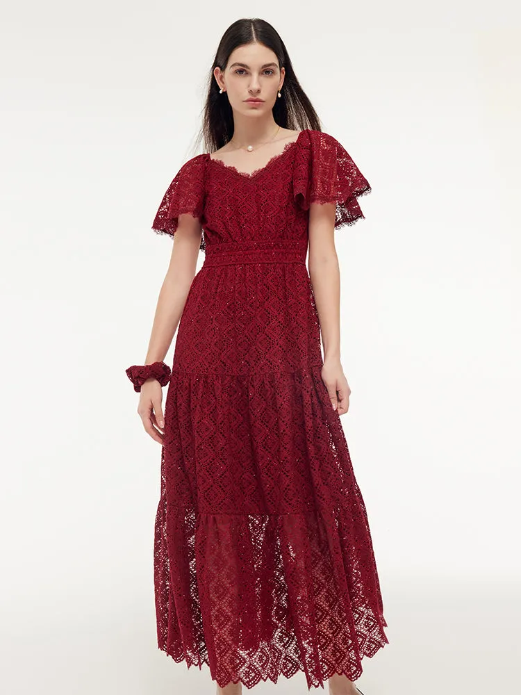 Lace Openwork Gathered Waist Women Tiered Maxi Dress With Scrunchie sold by Goelia