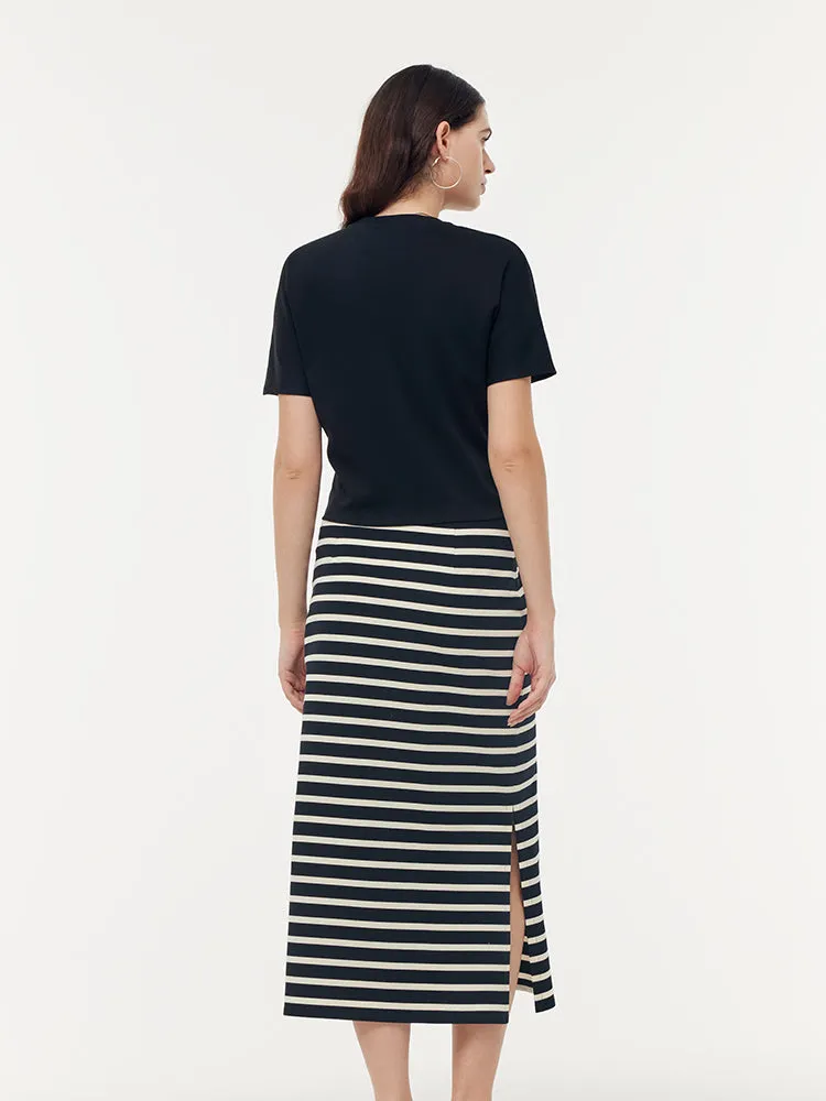 Triacetate Twist Front Knit T-Shirt And Stripe Skirt Two-Piece Set sold by Goelia product image thumbnail 3