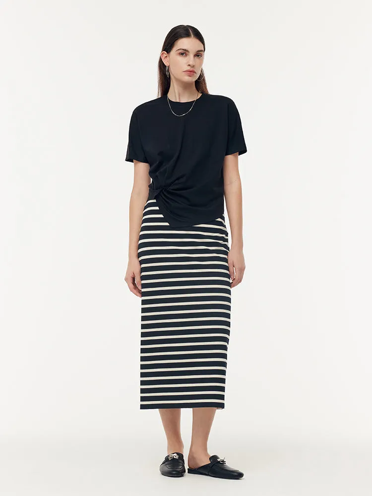 Triacetate Twist Front Knit T-Shirt And Stripe Skirt Two-Piece Set sold by Goelia product image thumbnail 2