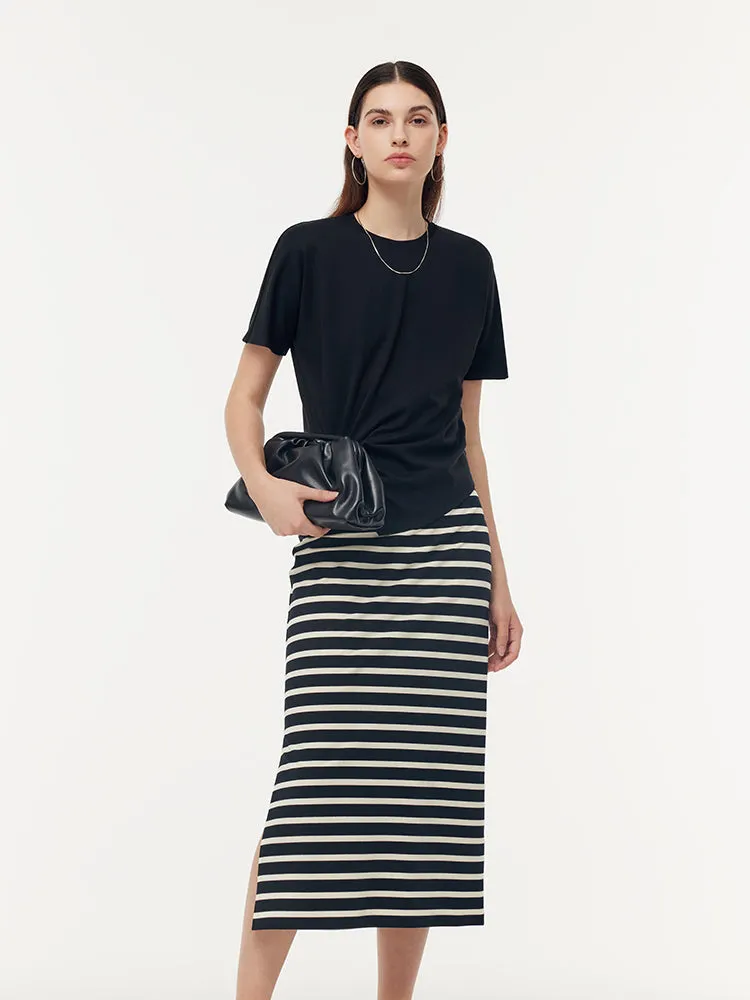Triacetate Twist Front Knit T-Shirt And Stripe Skirt Two-Piece Set sold by Goelia