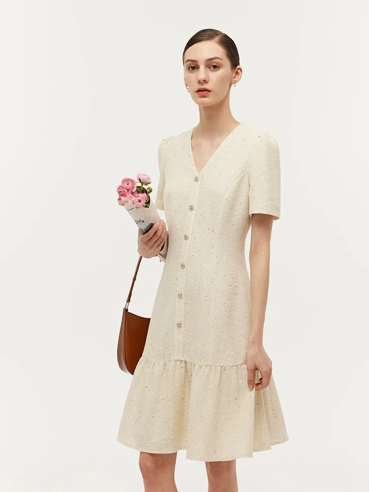 Tweed Sequins V-Neck Ruffle Hem Women Mini Dress sold by Goelia