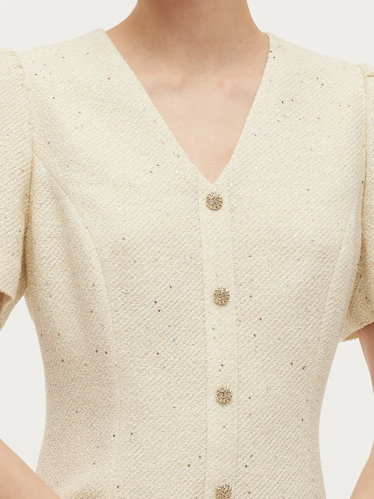 Tweed Sequins V-Neck Ruffle Hem Women Mini Dress sold by Goelia product image thumbnail 2