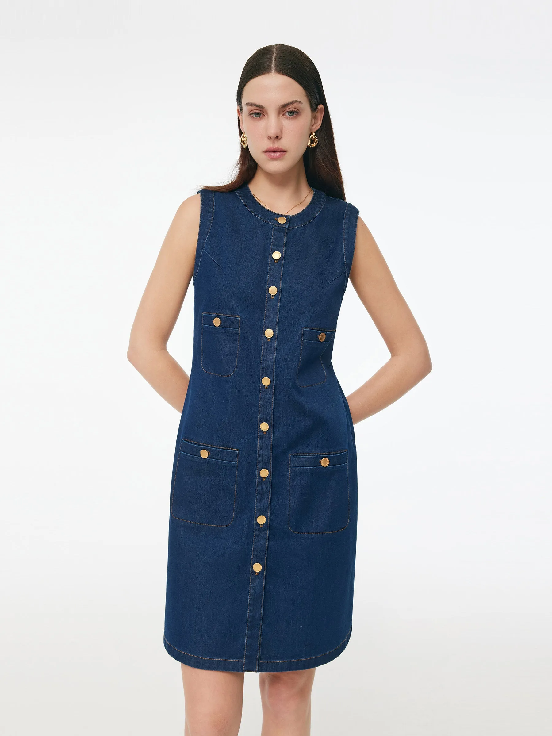 Denim Stretch Front Button Women Mini Dress sold by Goelia