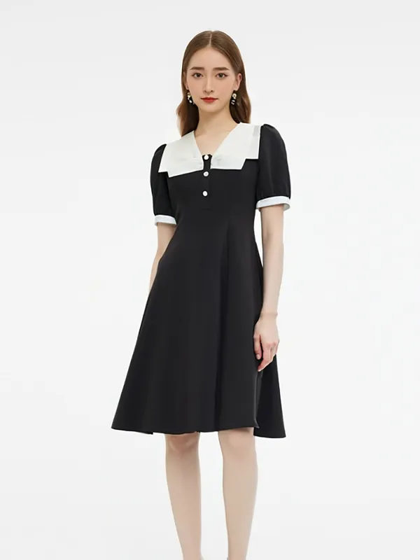 Stretch Patchwork Collar Women Color Block Midi Dress sold by Goelia