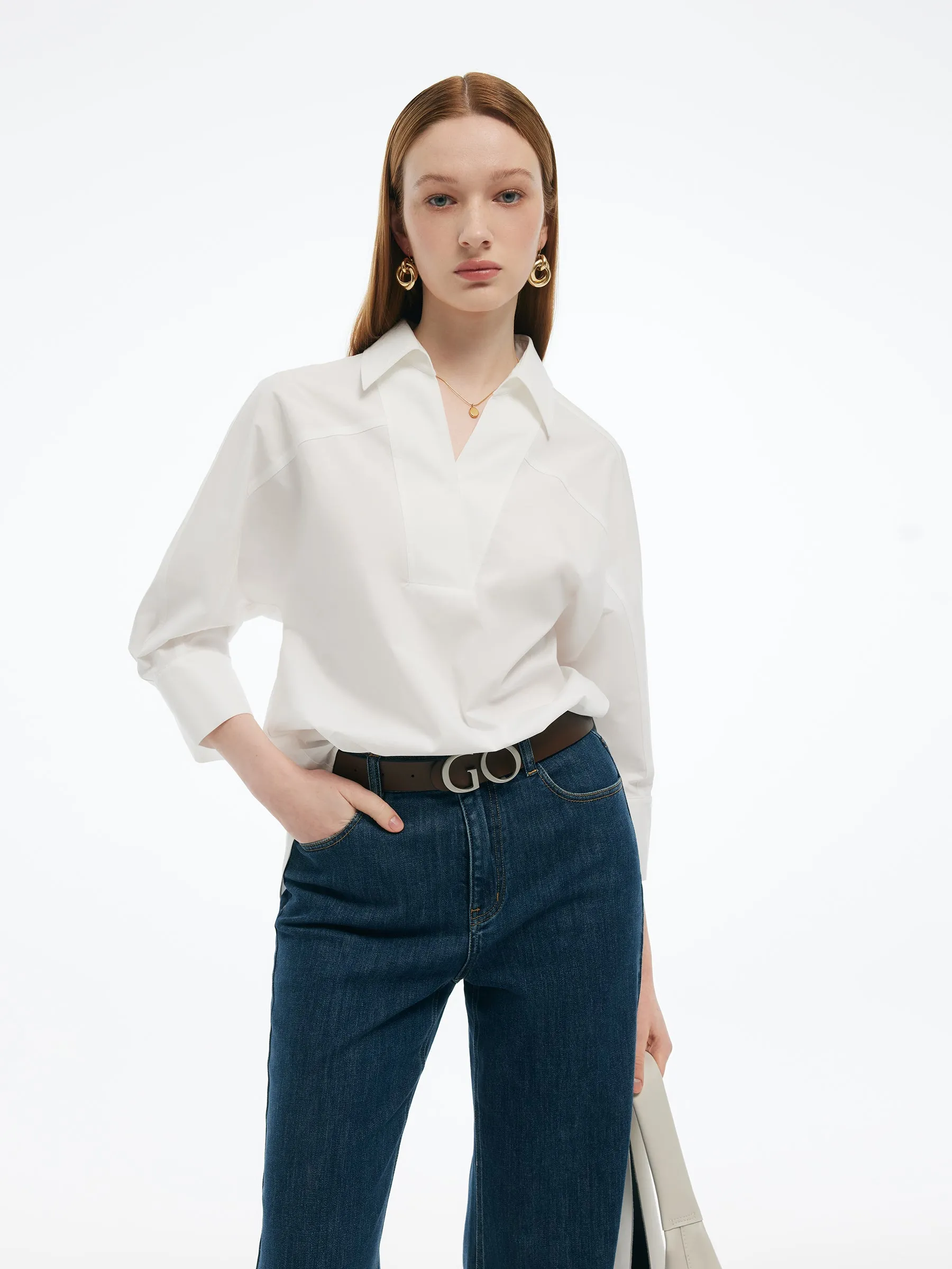 V-Neck Back Slit Women 3/4 Sleeve Blouse sold by Goelia