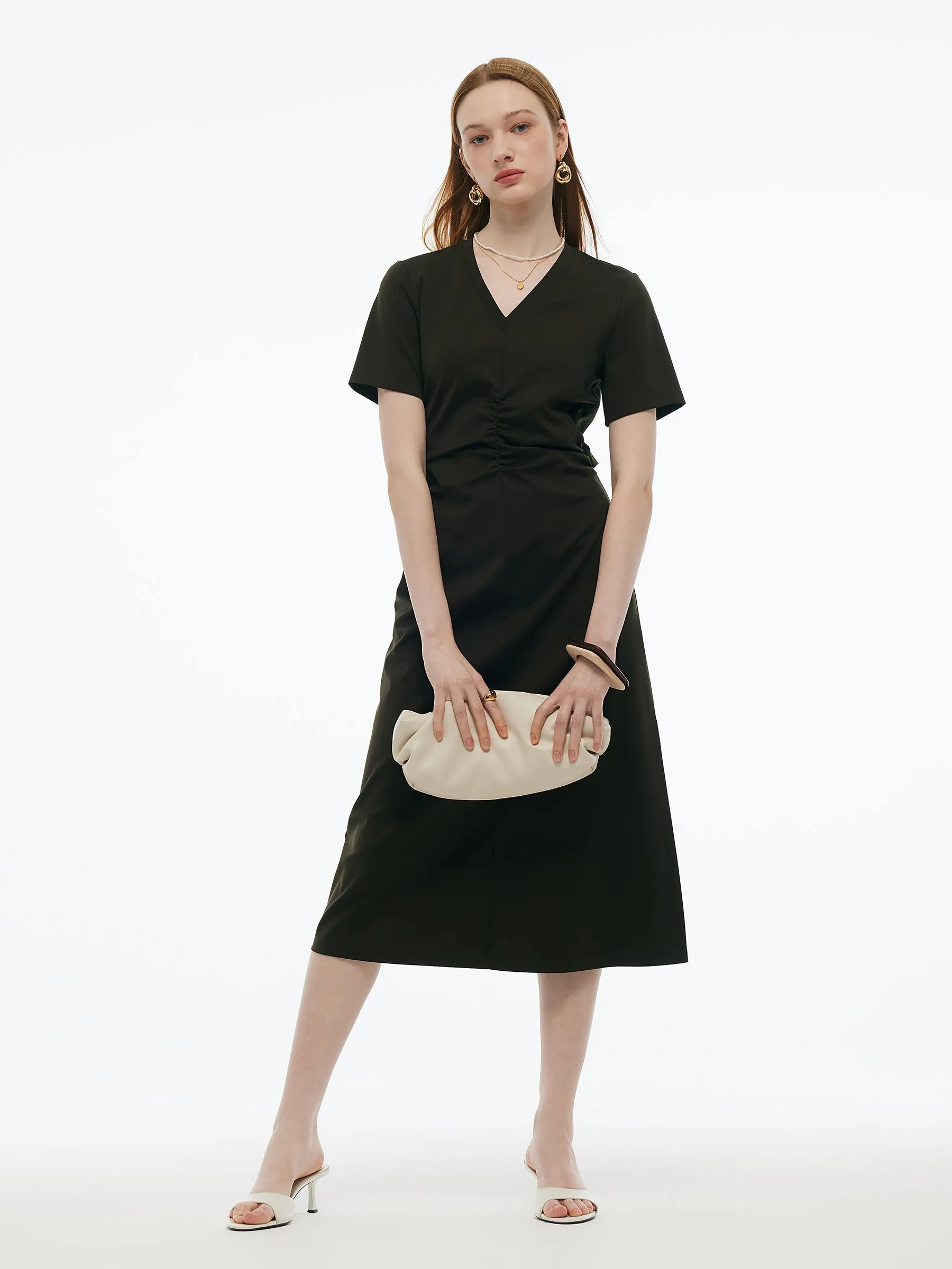 Tencel-blend Gathered Waist Women Tuck Detail Midi Knit Dress sold by Goelia product image thumbnail 2