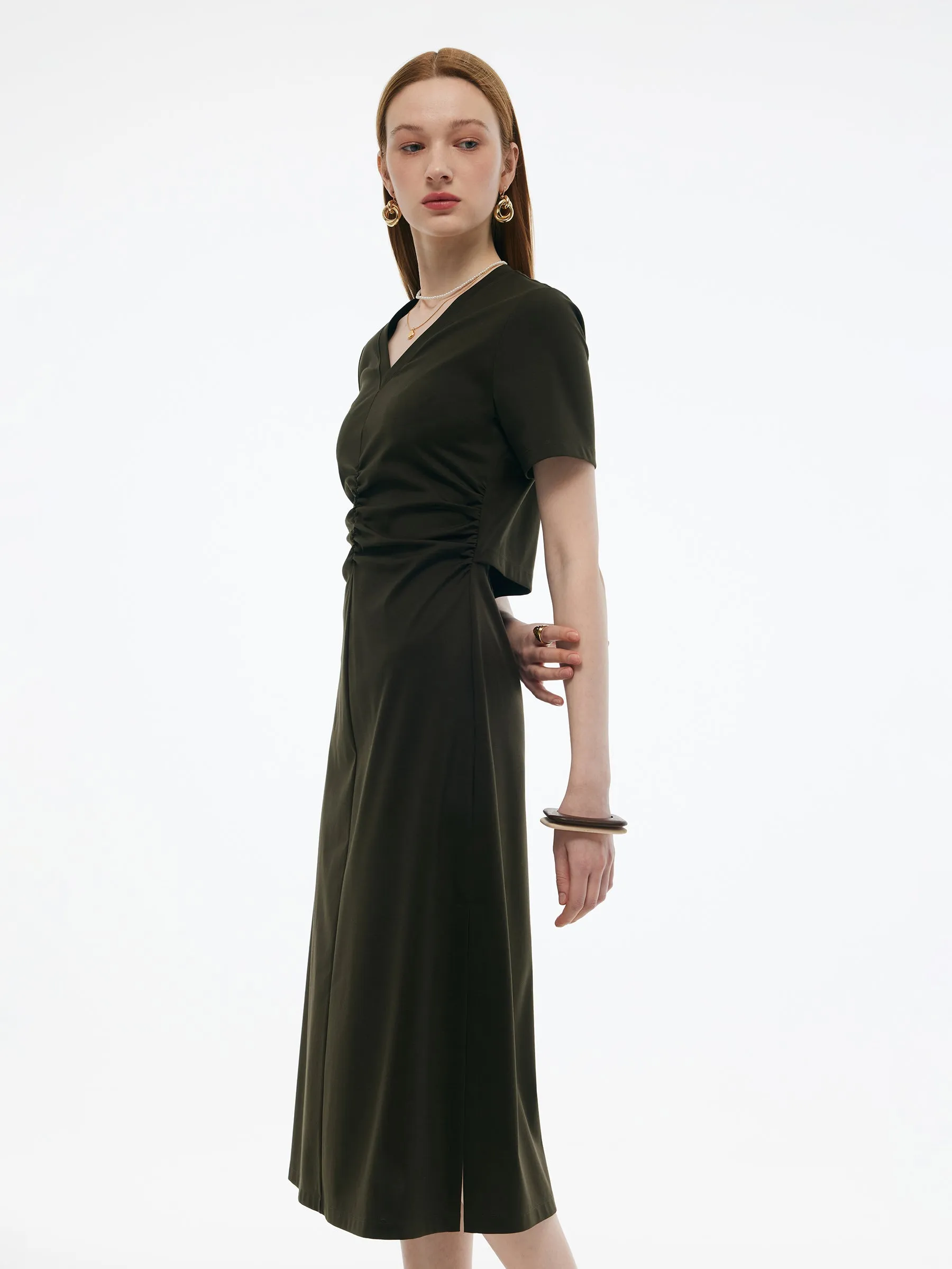 Tencel-blend Gathered Waist Women Tuck Detail Midi Knit Dress sold by Goelia product image thumbnail 4