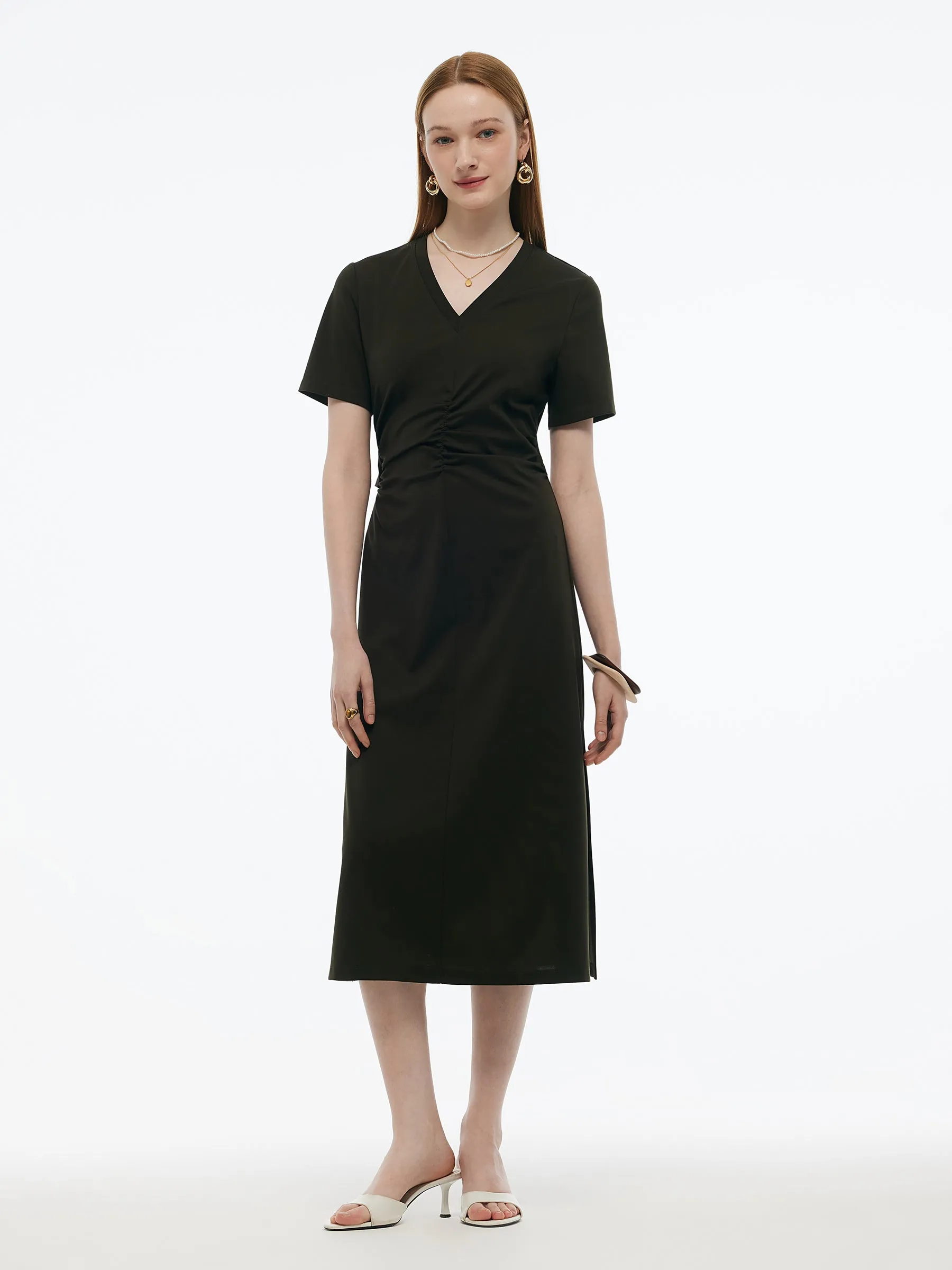 Tencel-blend Gathered Waist Women Tuck Detail Midi Knit Dress sold by Goelia