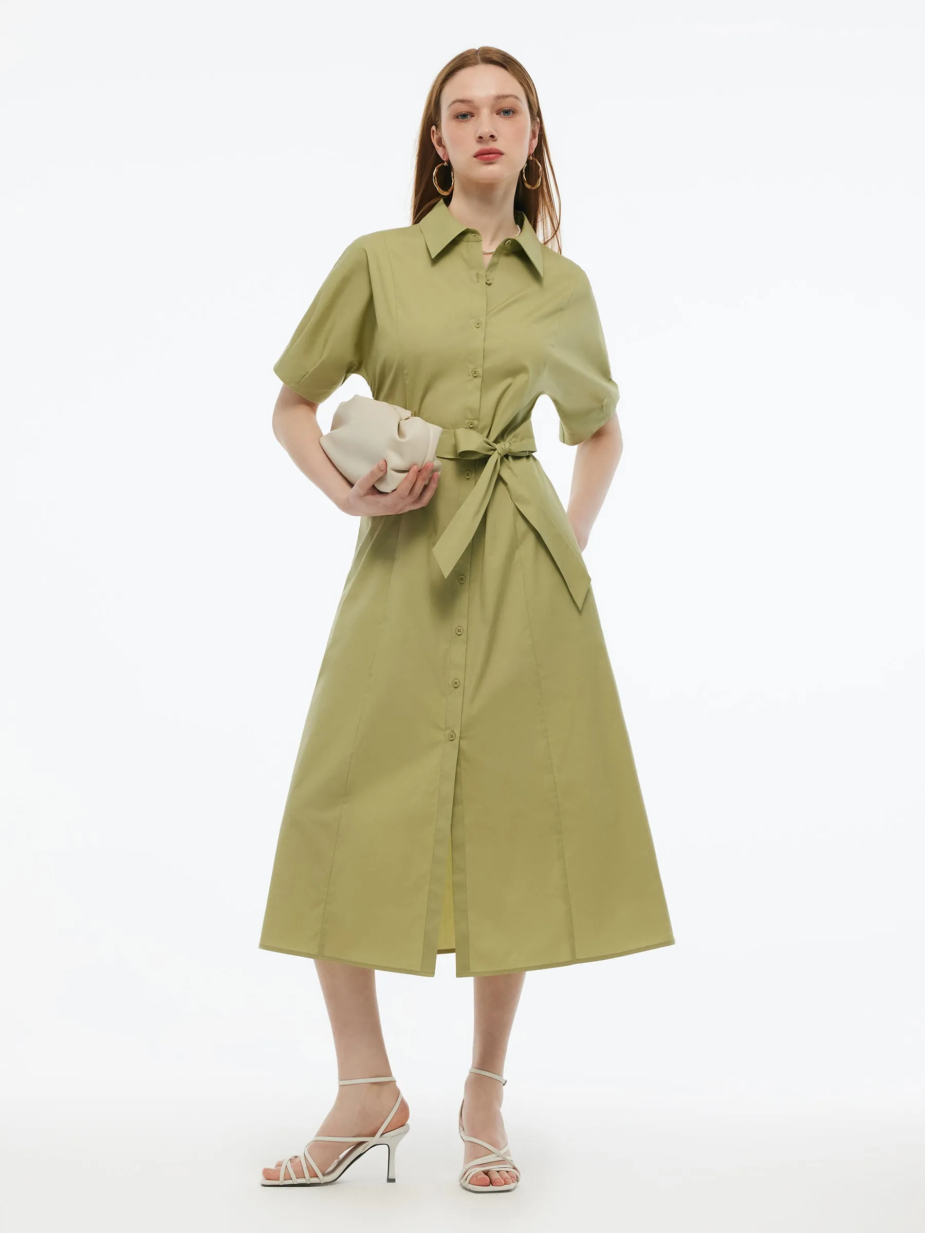 Gathered Waist Stretch Women Maxi Shirt Dress With Belt sold by Goelia product image thumbnail 2