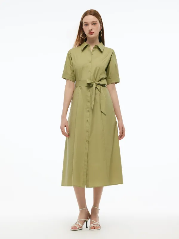 Gathered Waist Stretch Women Maxi Shirt Dress With Belt made by Goelia