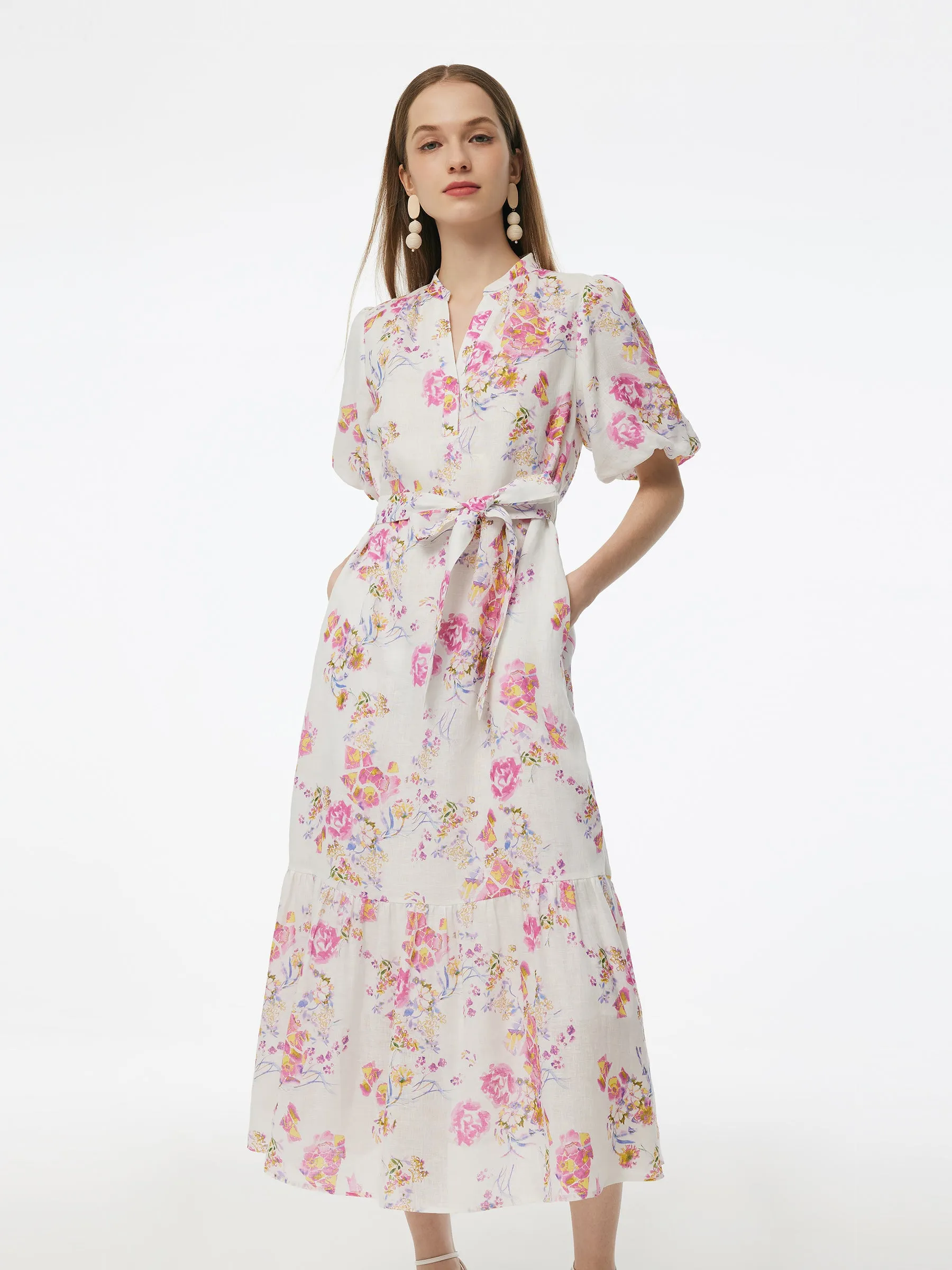 100% Linen Rose Print Women Maxi Dress With Belt sold by Goelia