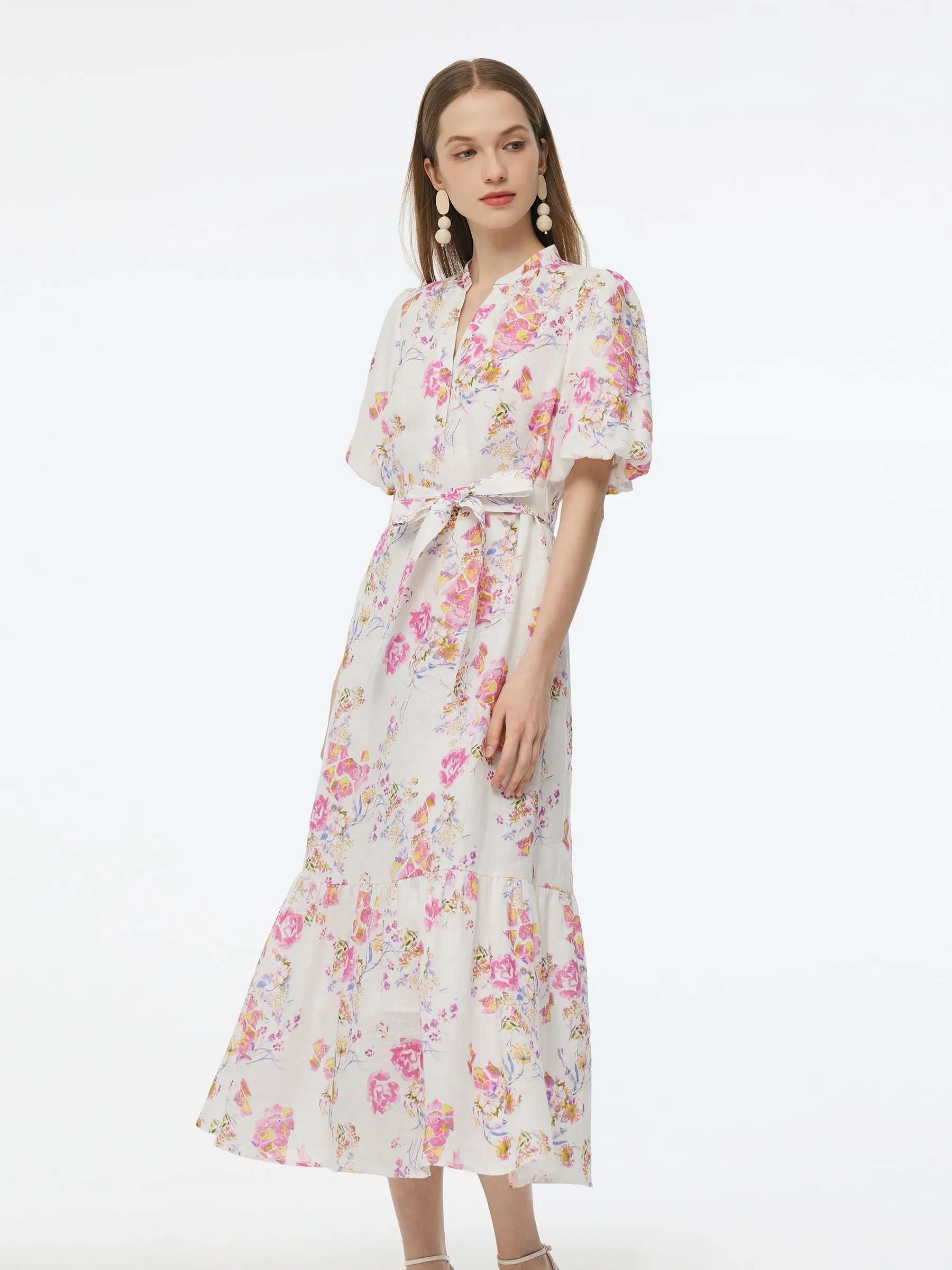 100% Linen Rose Print Women Maxi Dress With Belt sold by Goelia product image thumbnail 3