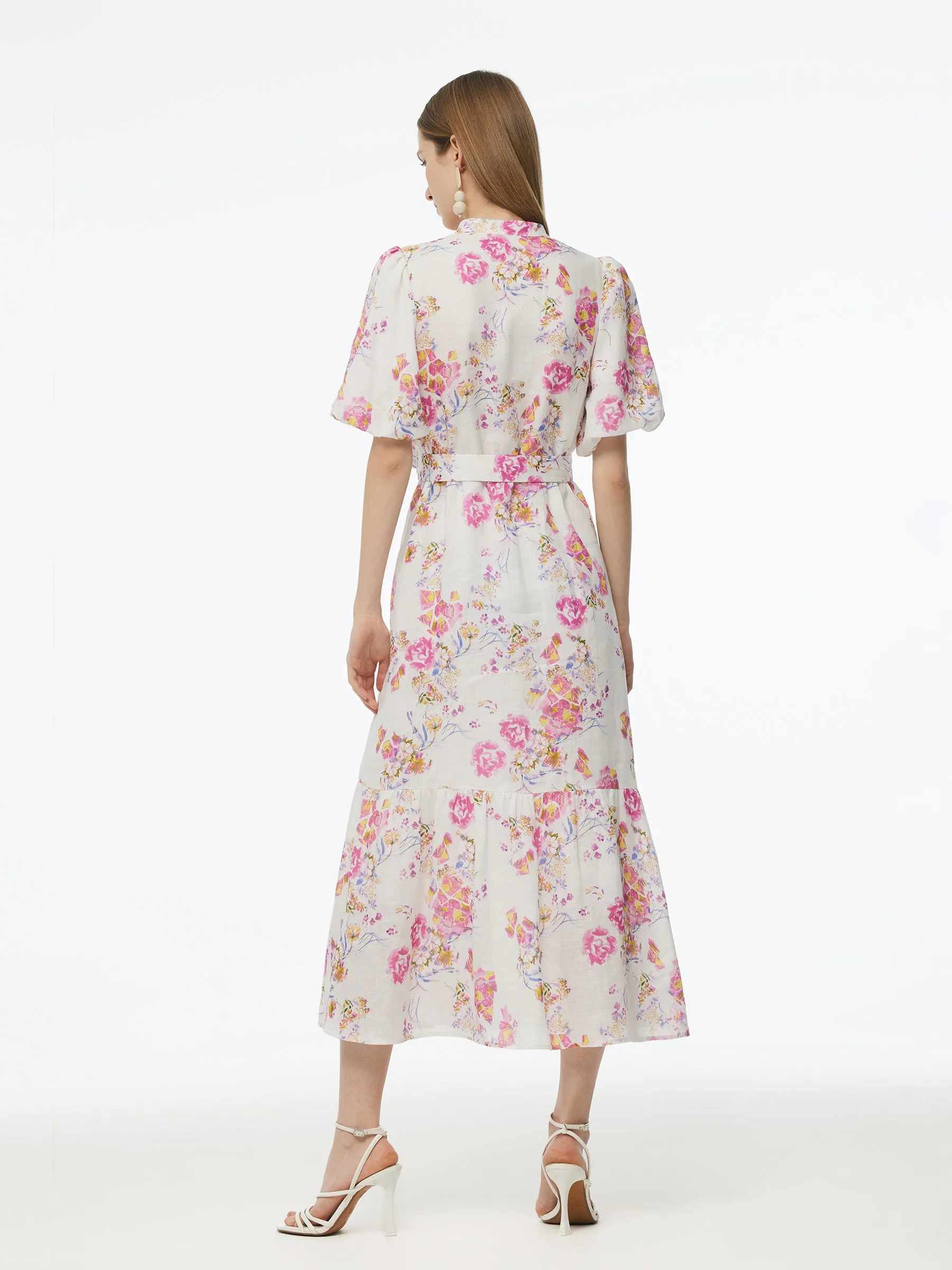 100% Linen Rose Print Women Maxi Dress With Belt sold by Goelia product image thumbnail 4