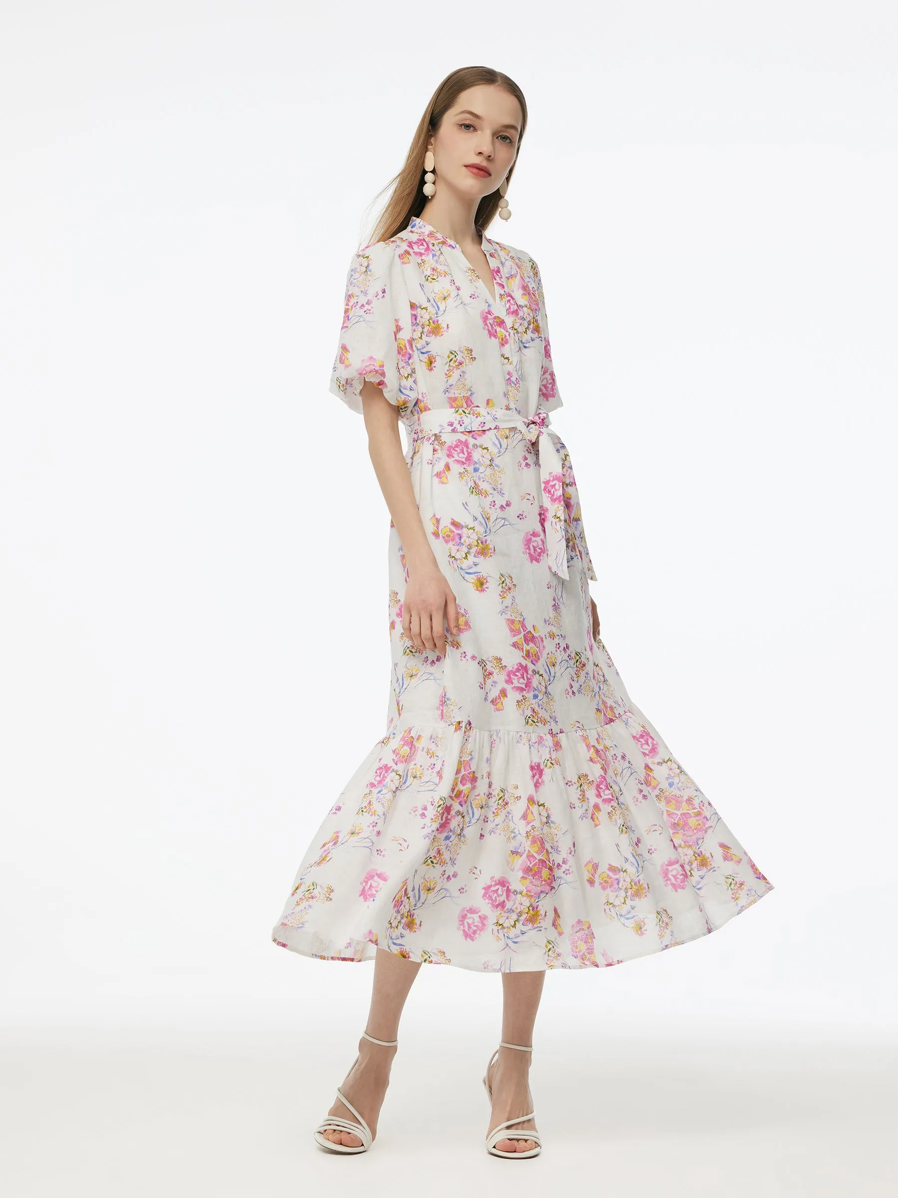 100% Linen Rose Print Women Maxi Dress With Belt sold by Goelia product image thumbnail 5