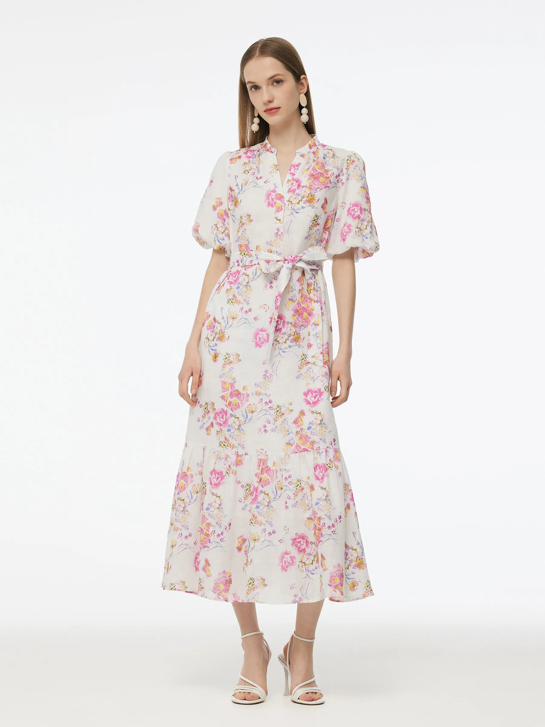 100% Linen Rose Print Women Maxi Dress With Belt sold by Goelia product image thumbnail 2