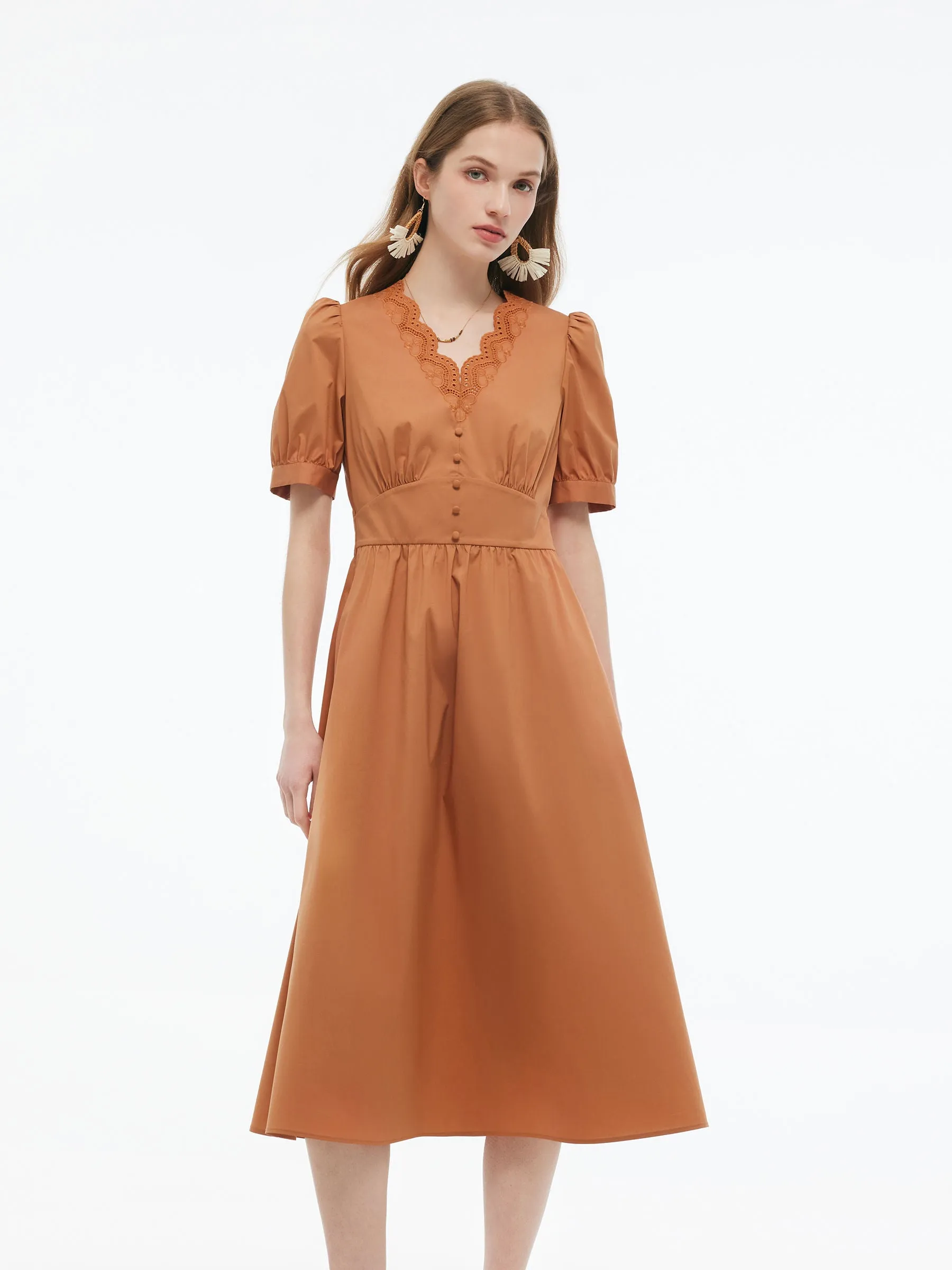 Embroidered Scallop Hem V-Neck Women Gathered Waist Maxi Dress sold by Goelia product image thumbnail 3